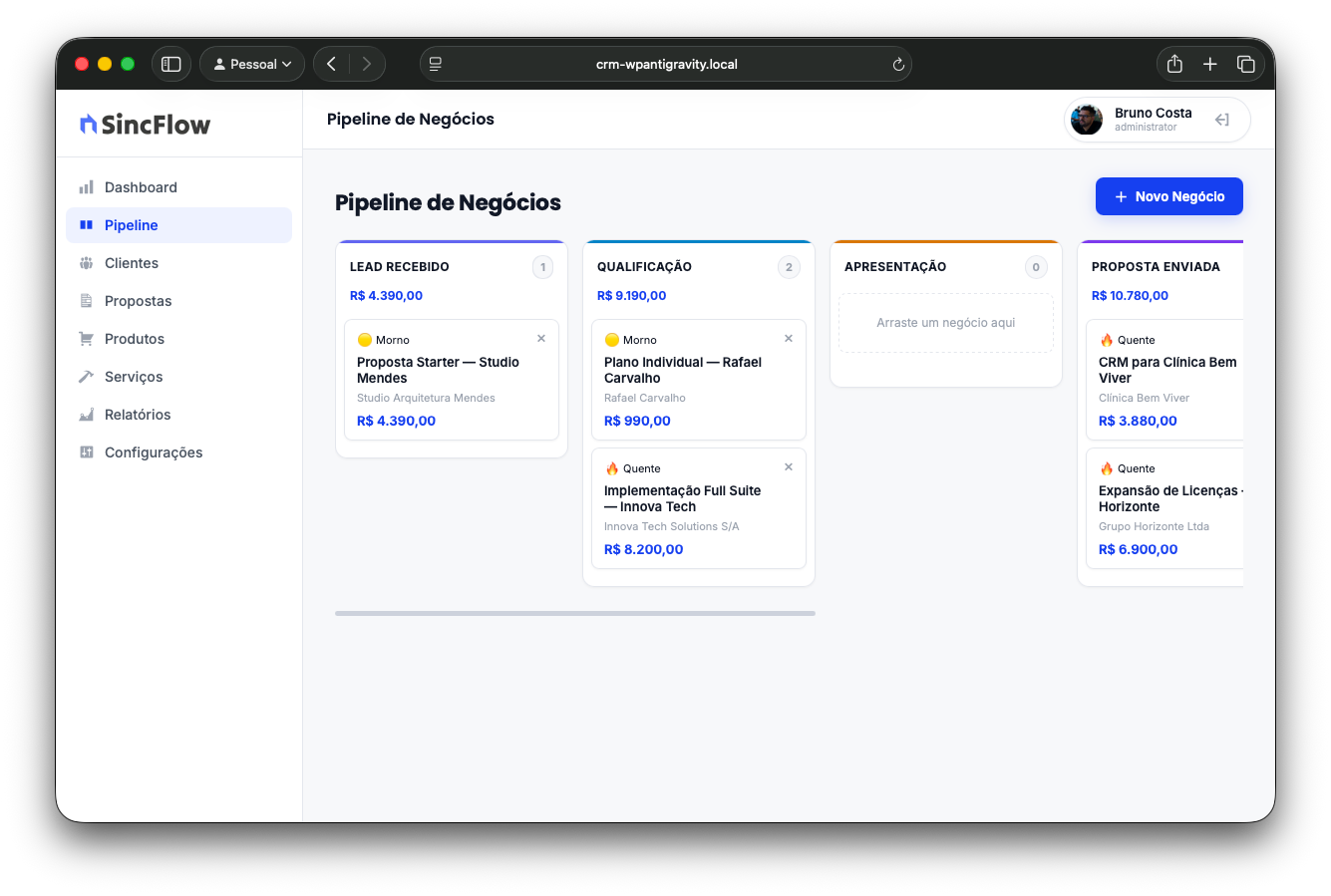 Pipeline do CRM SincFlow